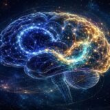 既存の言語回路と新しい言語回路が光でつながる脳のイメージ