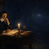 暗い書斎で現実を疑い、宇宙的な意識の場を見つめるルネ・デカルト