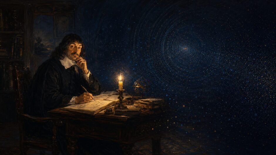 暗い書斎で現実を疑い、宇宙的な意識の場を見つめるルネ・デカルト