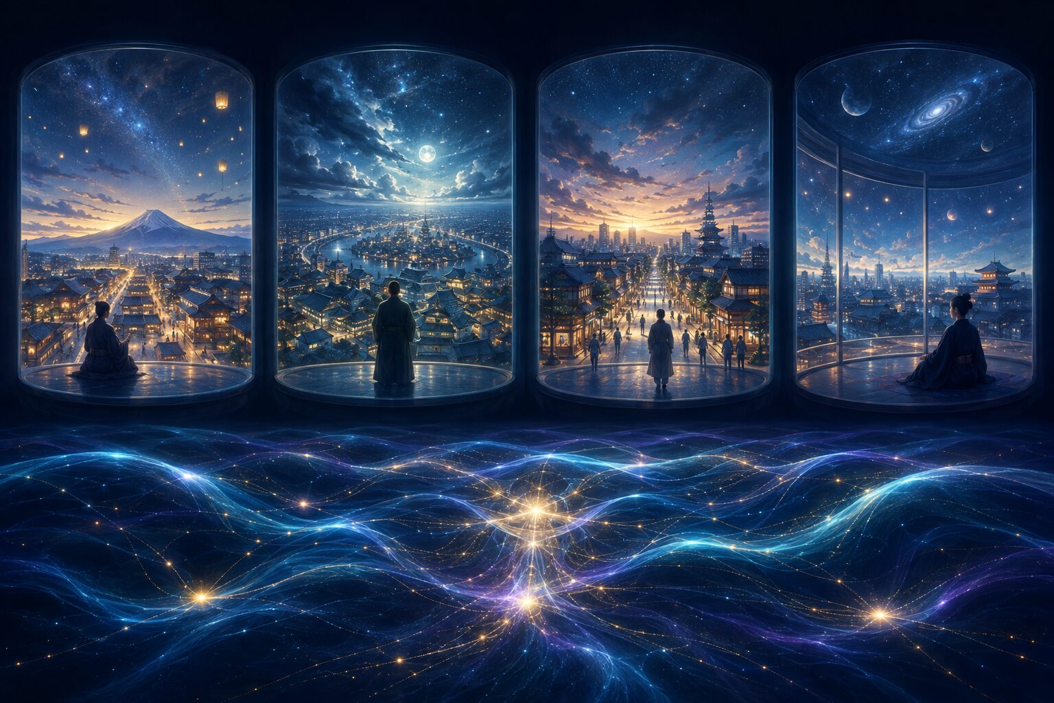 互いに通信しない複数の一人称世界が、深層の一つの場から同期して同じ宇宙を異なる視点で表現する概念図