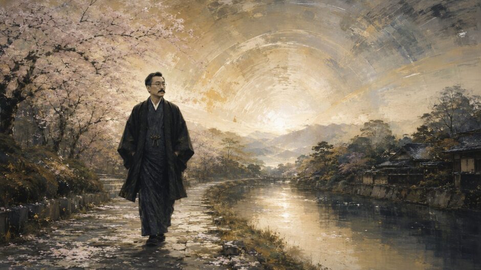 哲学の道を歩く西田幾多郎と、自己・世界・自然が一つの開かれた場所から現れる主客未分の風景