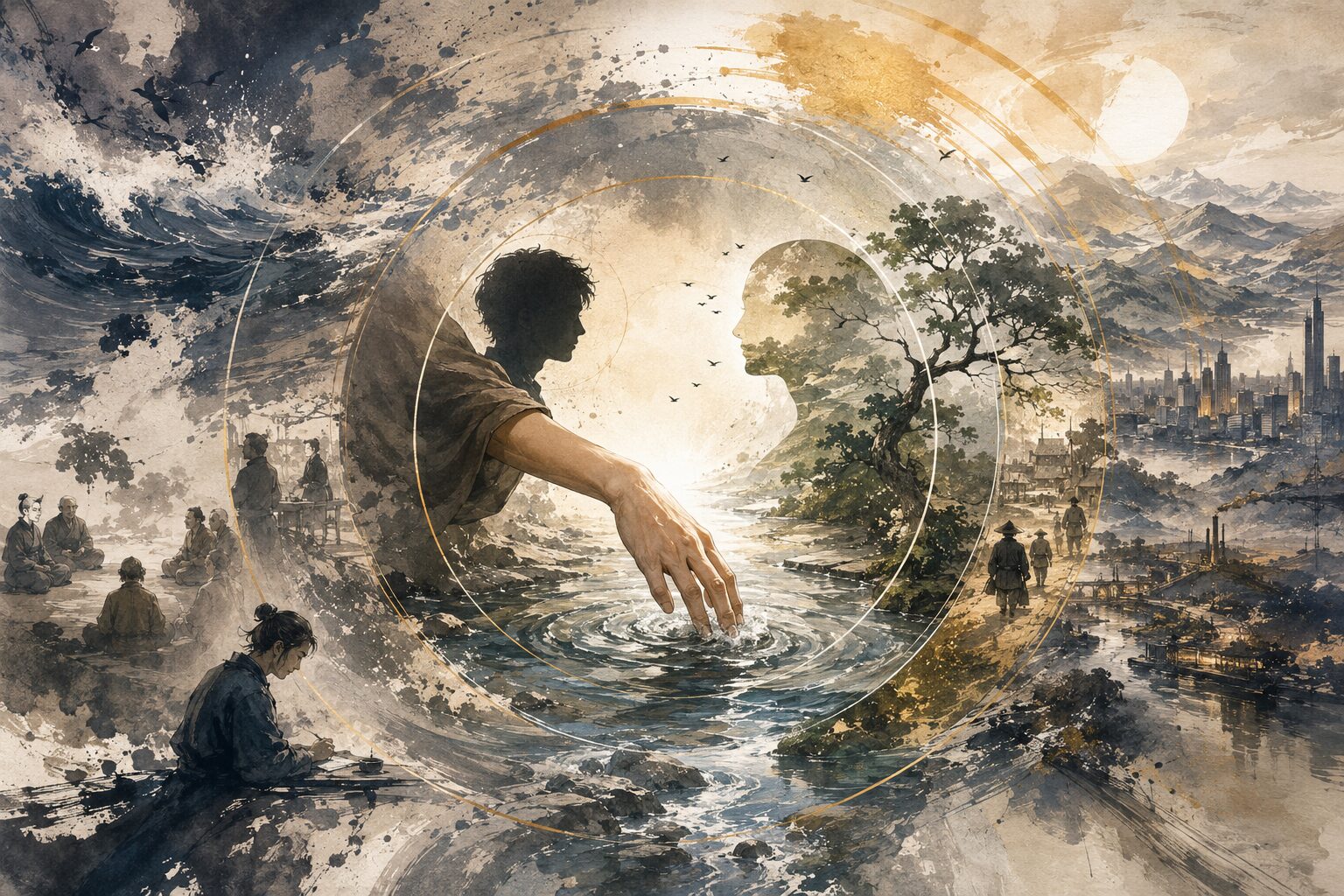 水に触れる純粋経験から自己と世界が分かれ、さらに自然、他者、歴史を含む境界のない場所へ展開する西田哲学の概念図