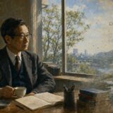 書斎の大森荘蔵と、カップ、窓外の風景、記憶、科学的記述が一つの世界に重ね描きされる立ち現われのイメージ