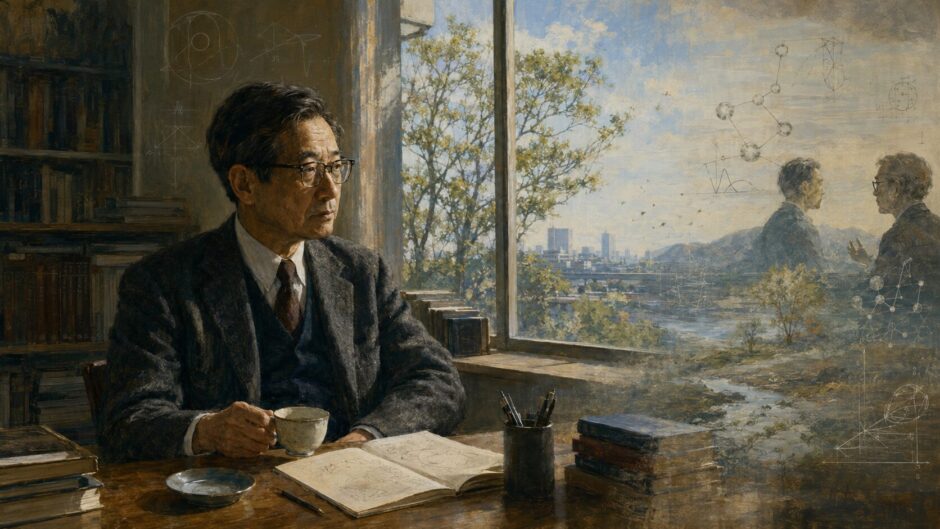 書斎の大森荘蔵と、カップ、窓外の風景、記憶、科学的記述が一つの世界に重ね描きされる立ち現われのイメージ