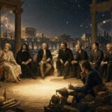 古代ギリシャから近代・東洋までの哲学者たちが、光る問いの場を囲んで対話するイメージ