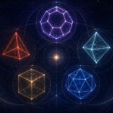 宇宙空間に浮かぶ五つのプラトン立体と四元素の象徴