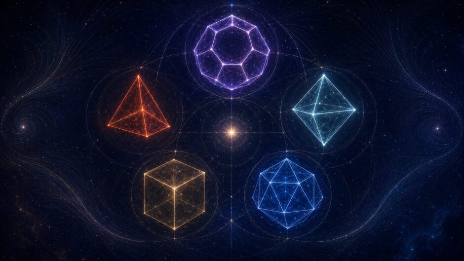 宇宙空間に浮かぶ五つのプラトン立体と四元素の象徴