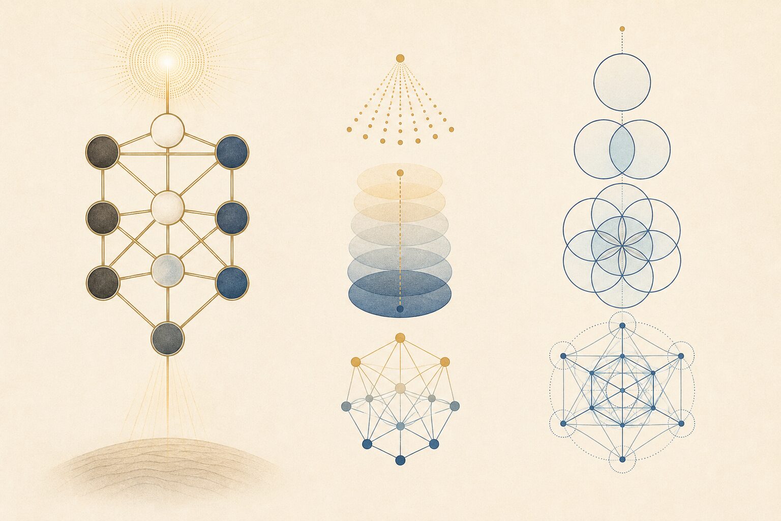十のセフィロトからなる生命の樹と円から展開する神聖幾何学を比較した図