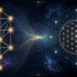 カバラの生命の樹とフラワー・オブ・ライフが光の流れで結ばれた宇宙図