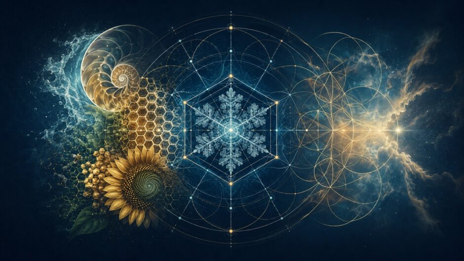 自然界の形と数学的構造と神聖幾何学を重ねたイメージ