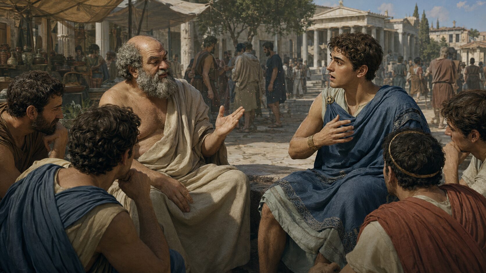古代アテナイの広場で若者と問答するソクラテスのイラスト