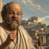 古代アテナイを背景に問いかけるソクラテスのイラスト