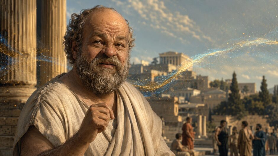 古代アテナイを背景に問いかけるソクラテスのイラスト