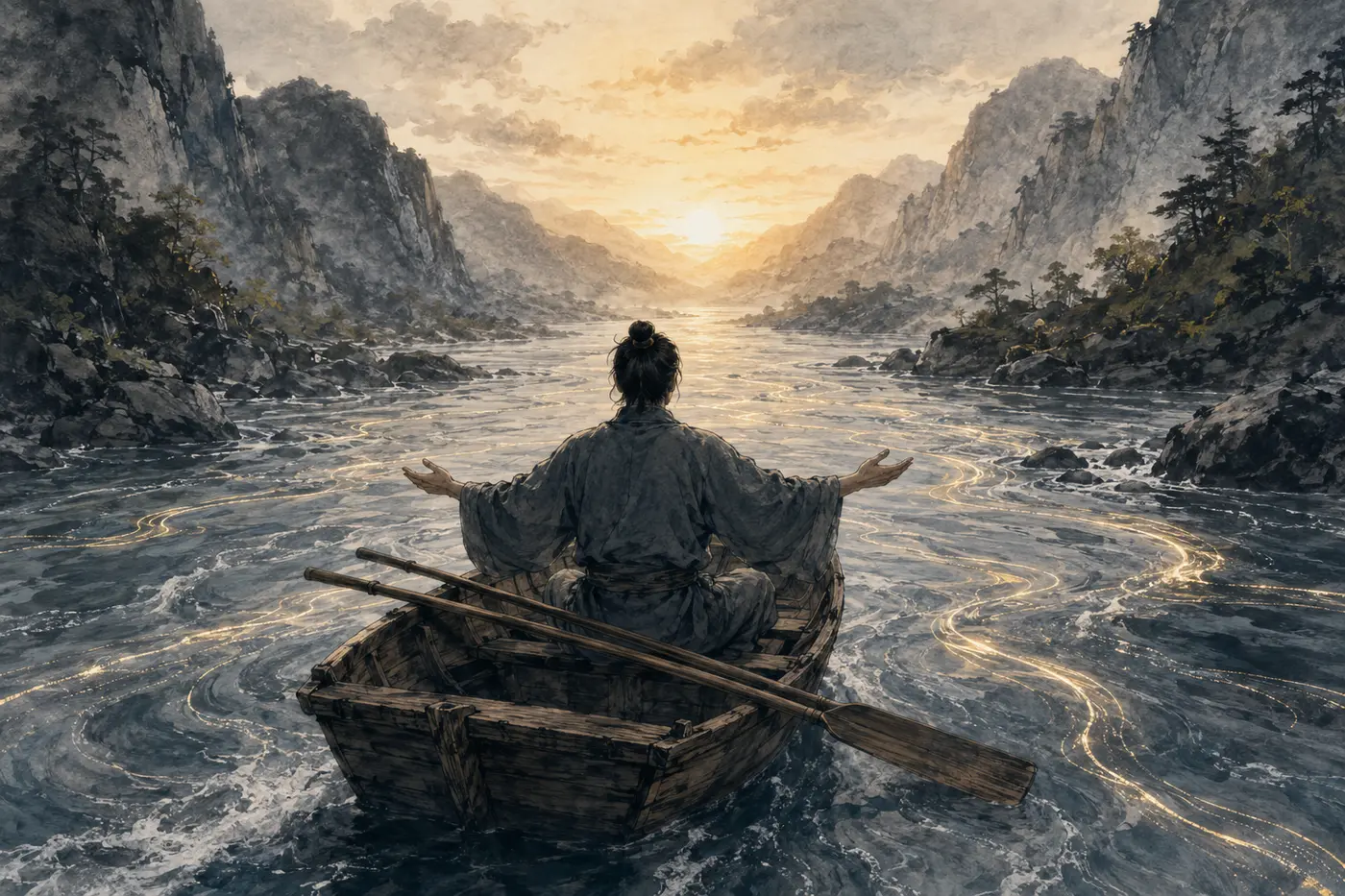 櫂を置き、目覚めたまま川の流れに身を開く人
