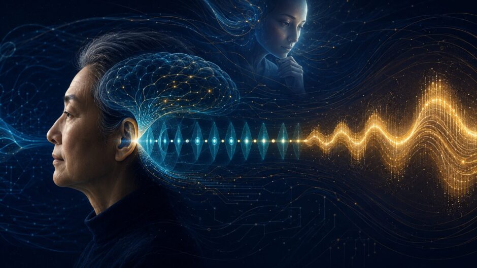 英語の強勢波が日本語の均等なモーラ拍へ分割される音韻フィルターのイメージ