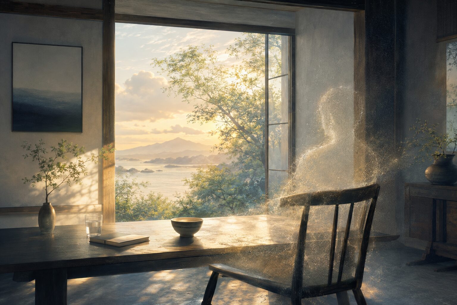 人物の輪郭が世界の光へ溶け、主体の所有なしに部屋と自然が立ち現れる