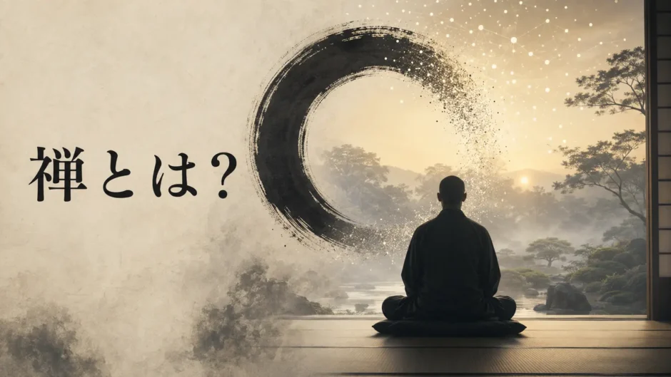 禅とは？坐禅する人と円相がZPFの光へほどけるイメージ